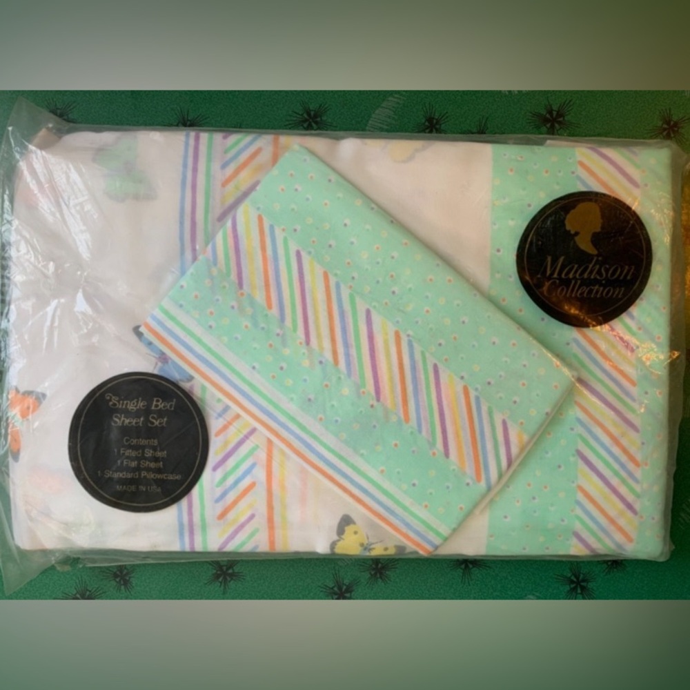 New Sealed Vintage 90s Madison Collection Single Bed Sheet Set Pastel Butterfly